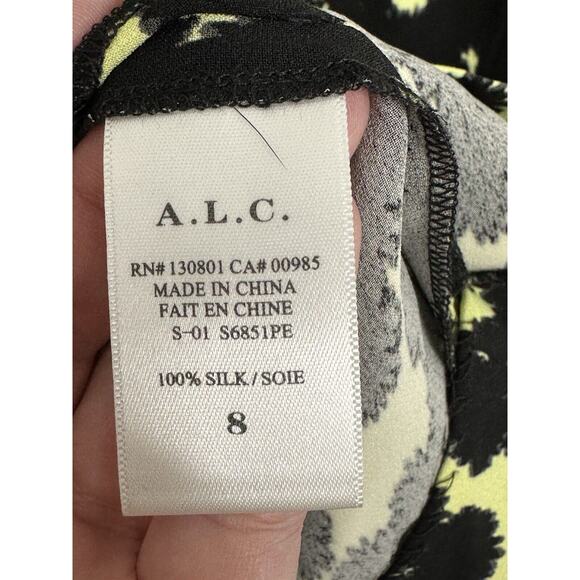 ALC Dress Women’s Yellow Black 100% Silk Faux Wrap Pockets Size 8 - Picture 5 of 9